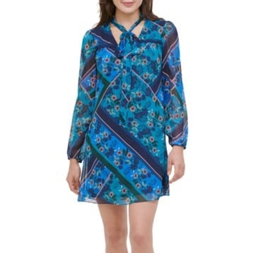 - Kensie Floral Tie Neck Long Sleeve  Shift Dress